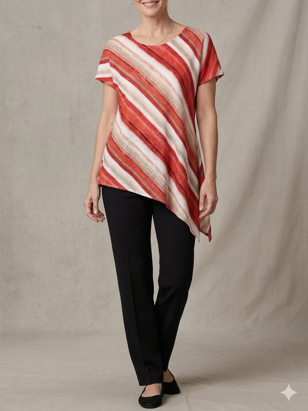 Chico’s Short Sleeve Asymmetrical Top Size M Modern Coastal Lagenlook